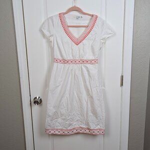 Boden | White Red Embroidered Cotton V Neck Short Sleeve Shift Dress Size US 6L